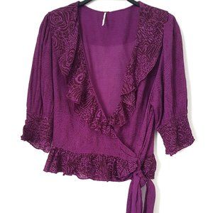 Free People Olivia Printed Purple Puff Sleeve Wrap Top, Size S - New